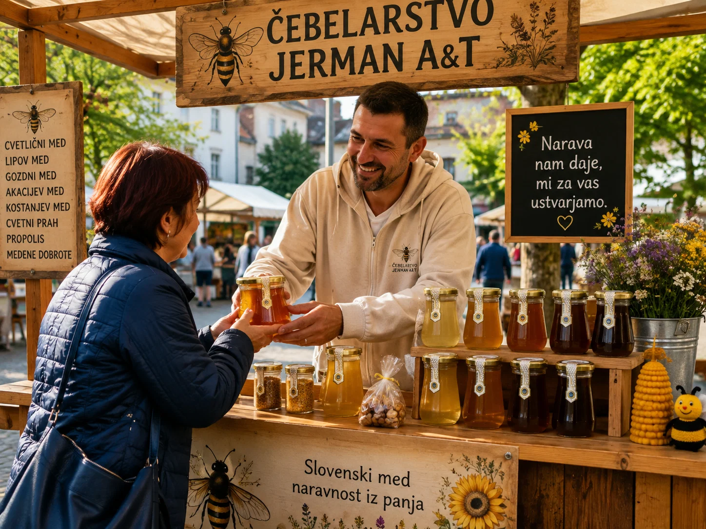 Čebelar pri prodaji medu na stojnici