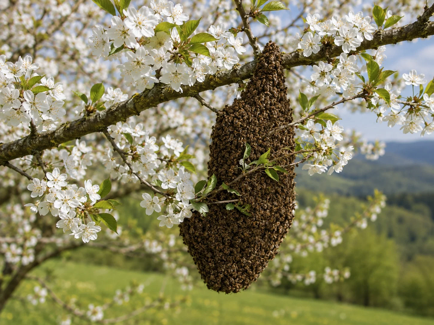 Roj čebel na cvetoči češnjevi veji